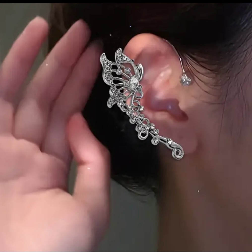 Shiny Silver Butterfly Ear Wrap Clip On Earrings